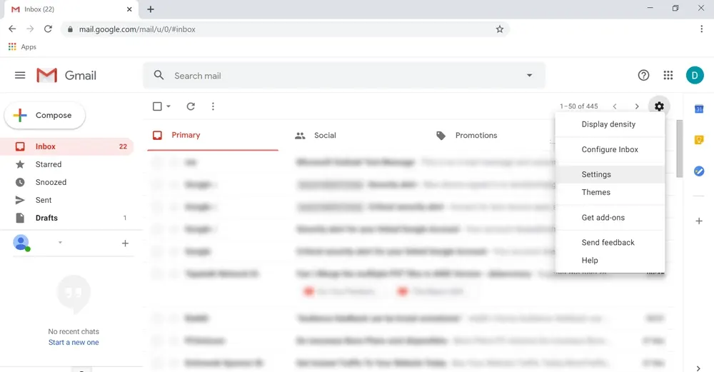 Gmail setting menu