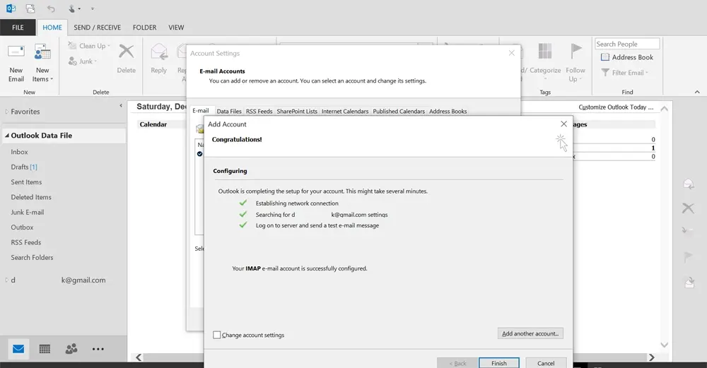 Outlook Gmail successfully configured screen