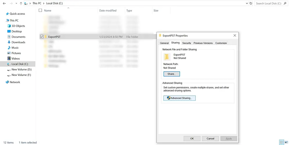 Accessing sharing settings of ExportPST folder.