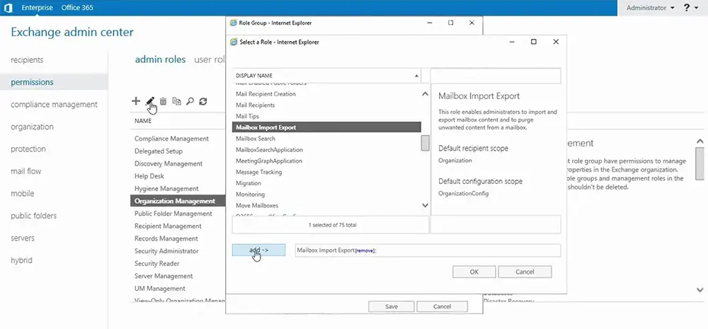 Adding Mailbox Import Export role.