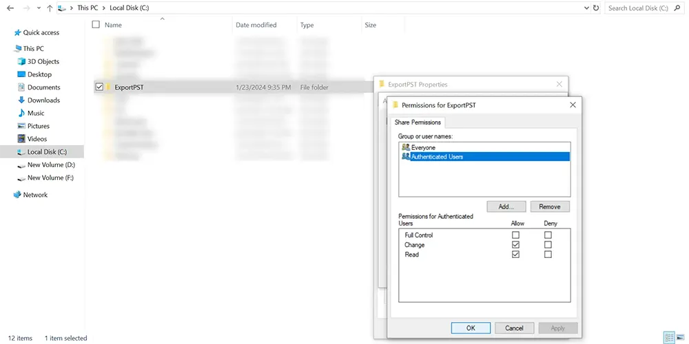 Applying permission settings for ExportPST.