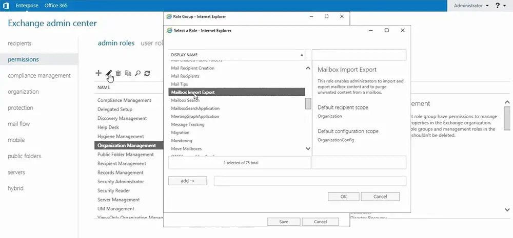 Choosing Mailbox Import Export role.