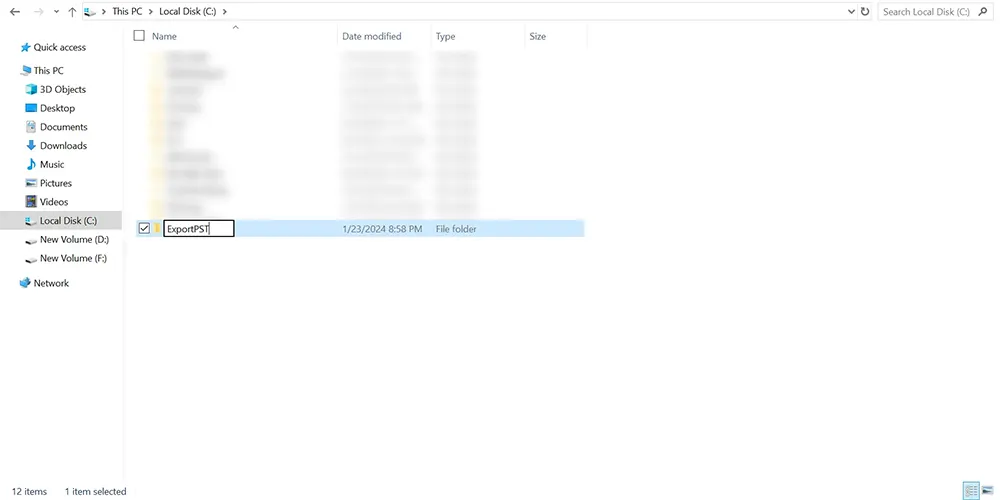Creating ExportPST folder in File Explorer.