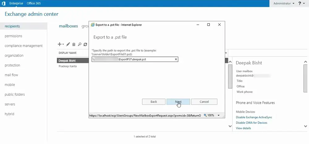 Entering shared folder path for PST file.