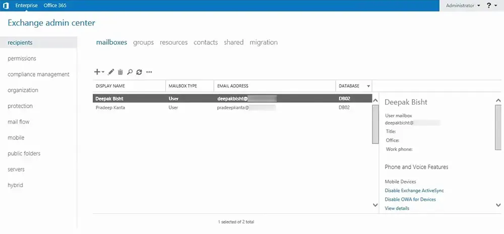 Mailboxes displayed in Exchange account.