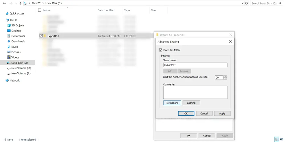 Opening permissions in Advanced Sharing window.