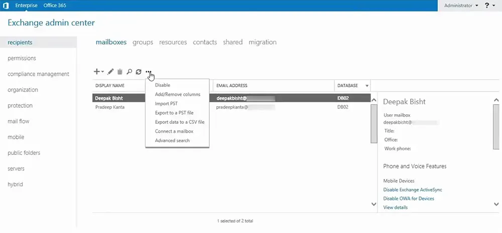 Selecting user mailbox for export.