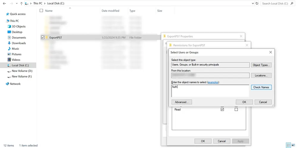 Typing 'Auth' in user selection for ExportPST.