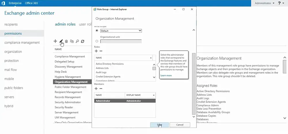 Verifying admin role for EDB to PST.