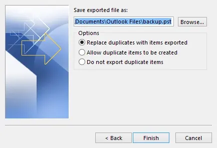 Exported PST screen