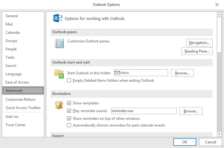 Outlook advanced options
