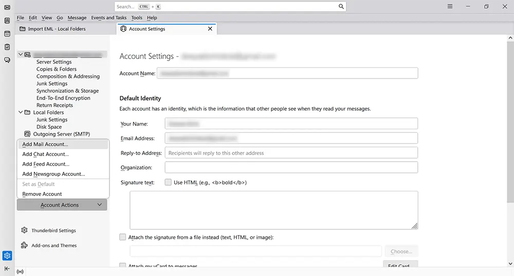 Select Add Mail Account in Thunderbird