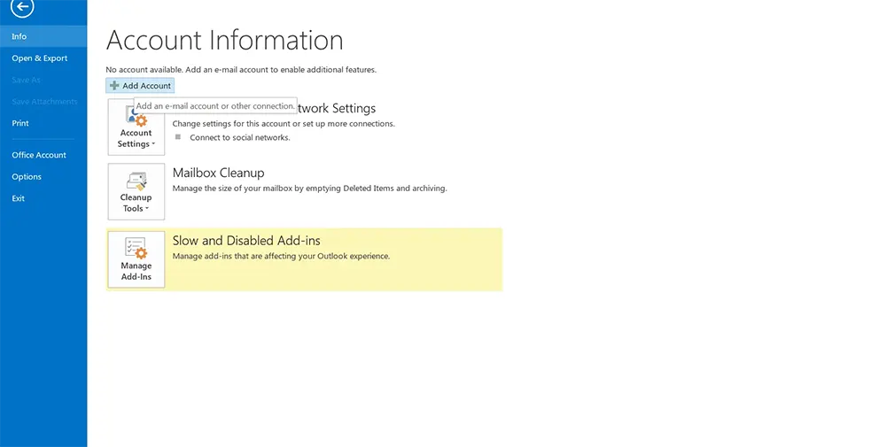 Select Add Account in Outlook File menu
