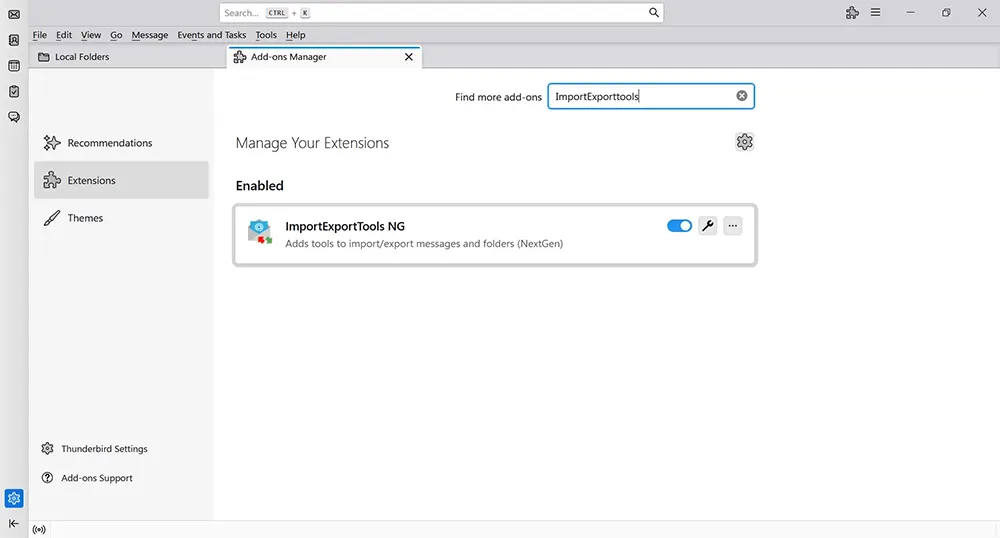 Enabling ImportExportTools NG in Thunderbird Add-ons Manager