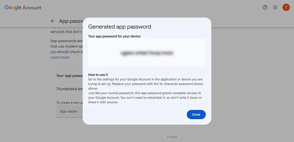 Copy and save generated App Password from Google Account