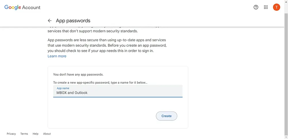 Create App Password for MBOX to Outlook in Google Account