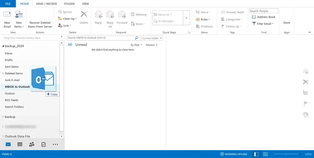 Drag and drop EML files into Outlook folder
