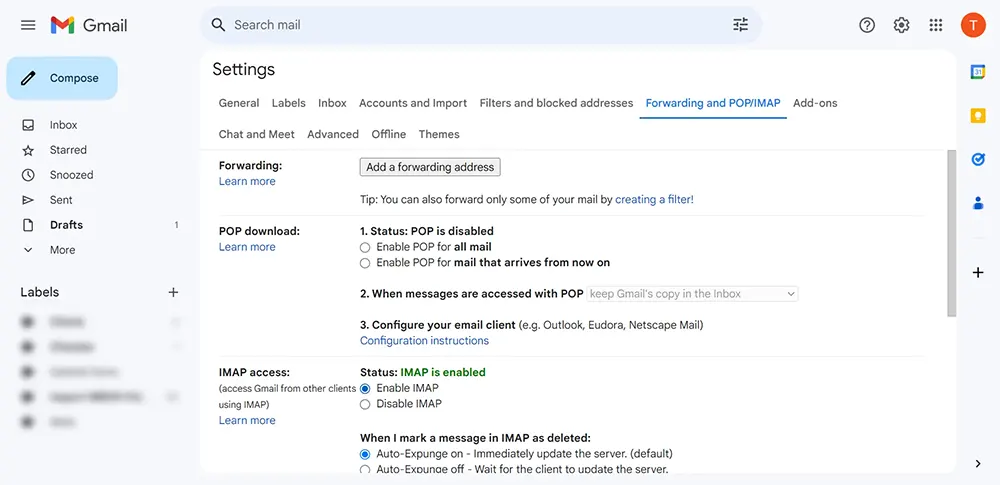Enable IMAP in Gmail settings