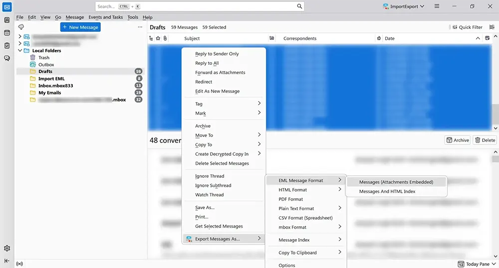Export emails as EML with attachments in Thunderbird