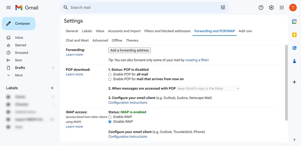 Access Forwarding and POP/IMAP tab in Gmail