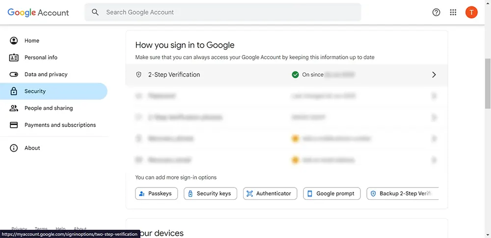 Activate 2-step verification in Google Account Security