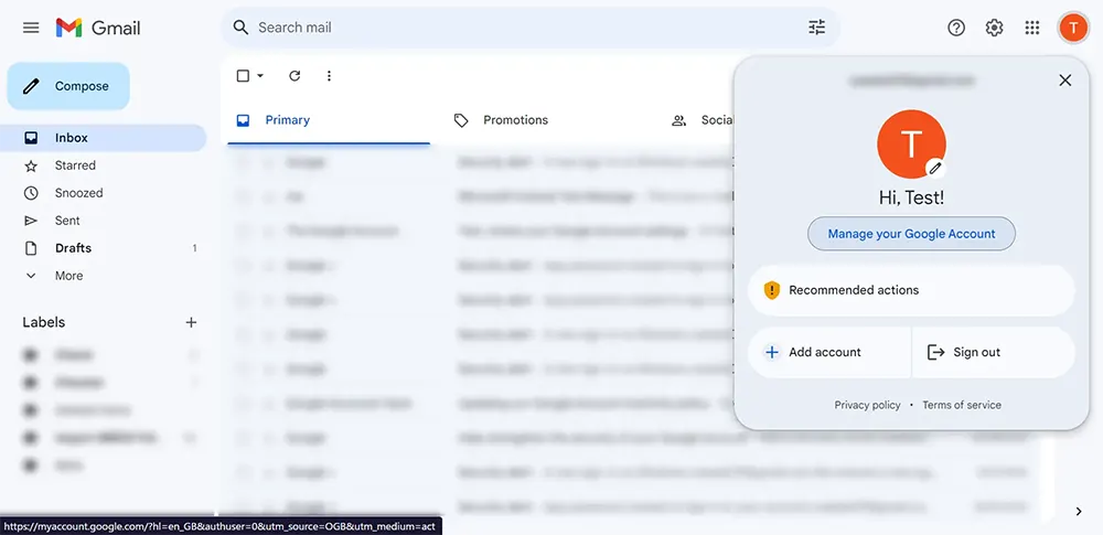 Click profile icon in Gmail for Google Account management