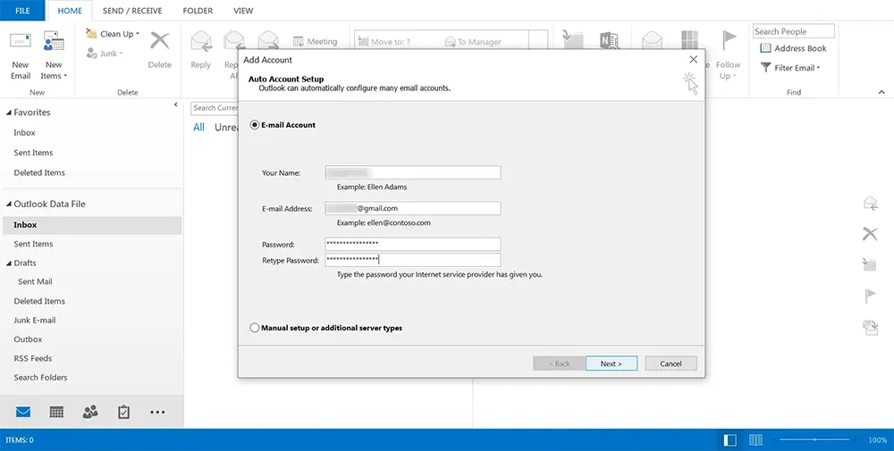 Enter details in Outlook's Add New Account window