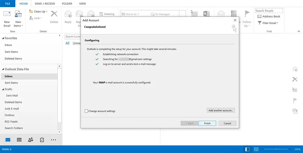 Confirm successful account setup in Outlook