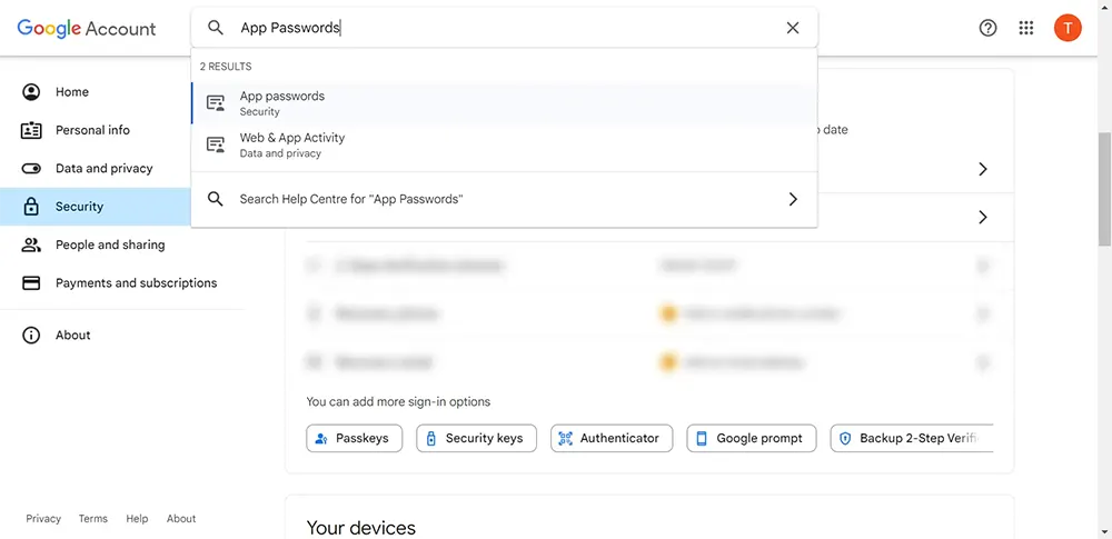 Search for App Passwords in Google Account Security