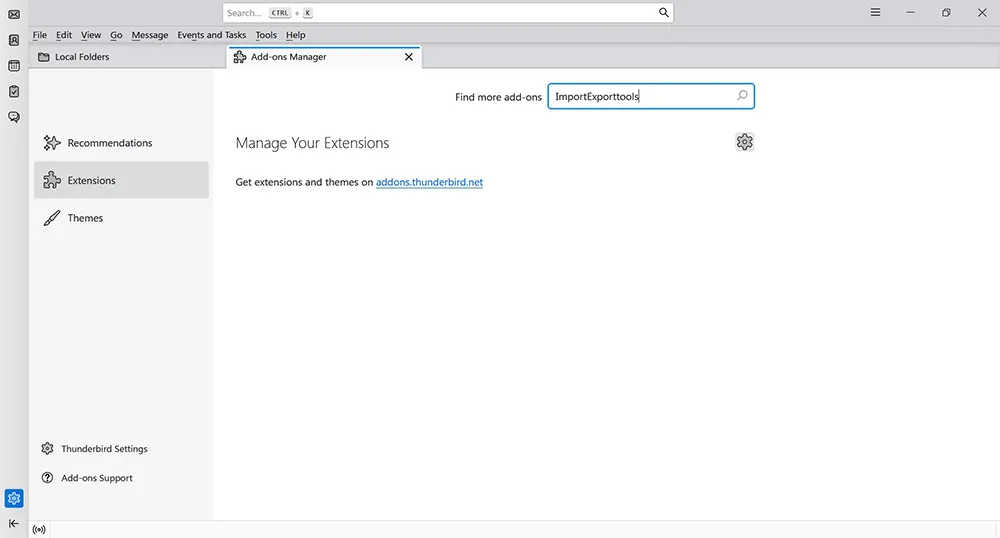 Searching for ImportExportTools NG in Thunderbird Add-ons Manager