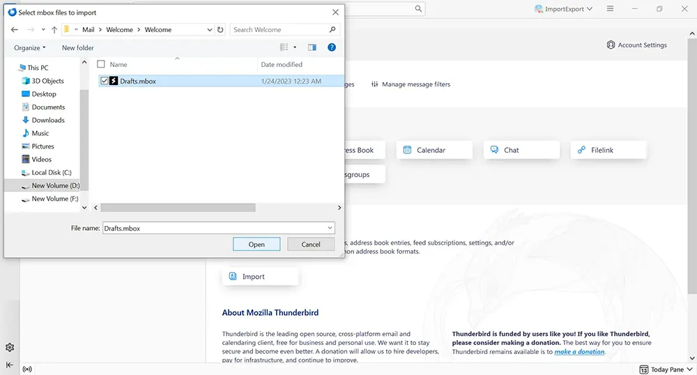 Selecting MBOX files for Import in Mozilla Thunderbird
