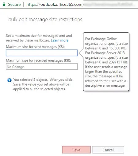 bulk email size setup screen