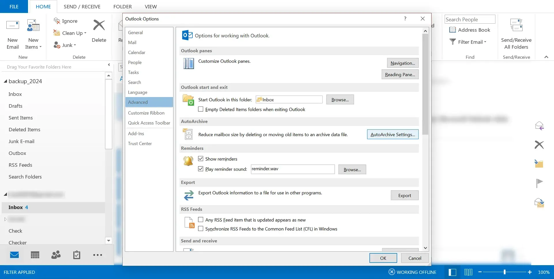 Selecting Auto Archive Settings in Outlook
