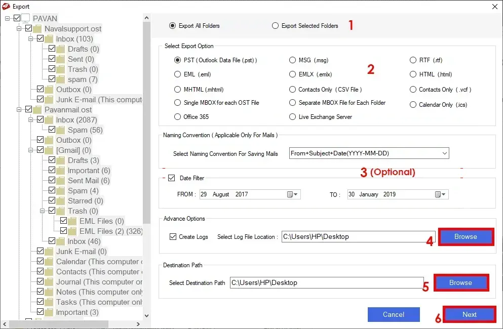 Setting export options in SysCurve OST File Converter