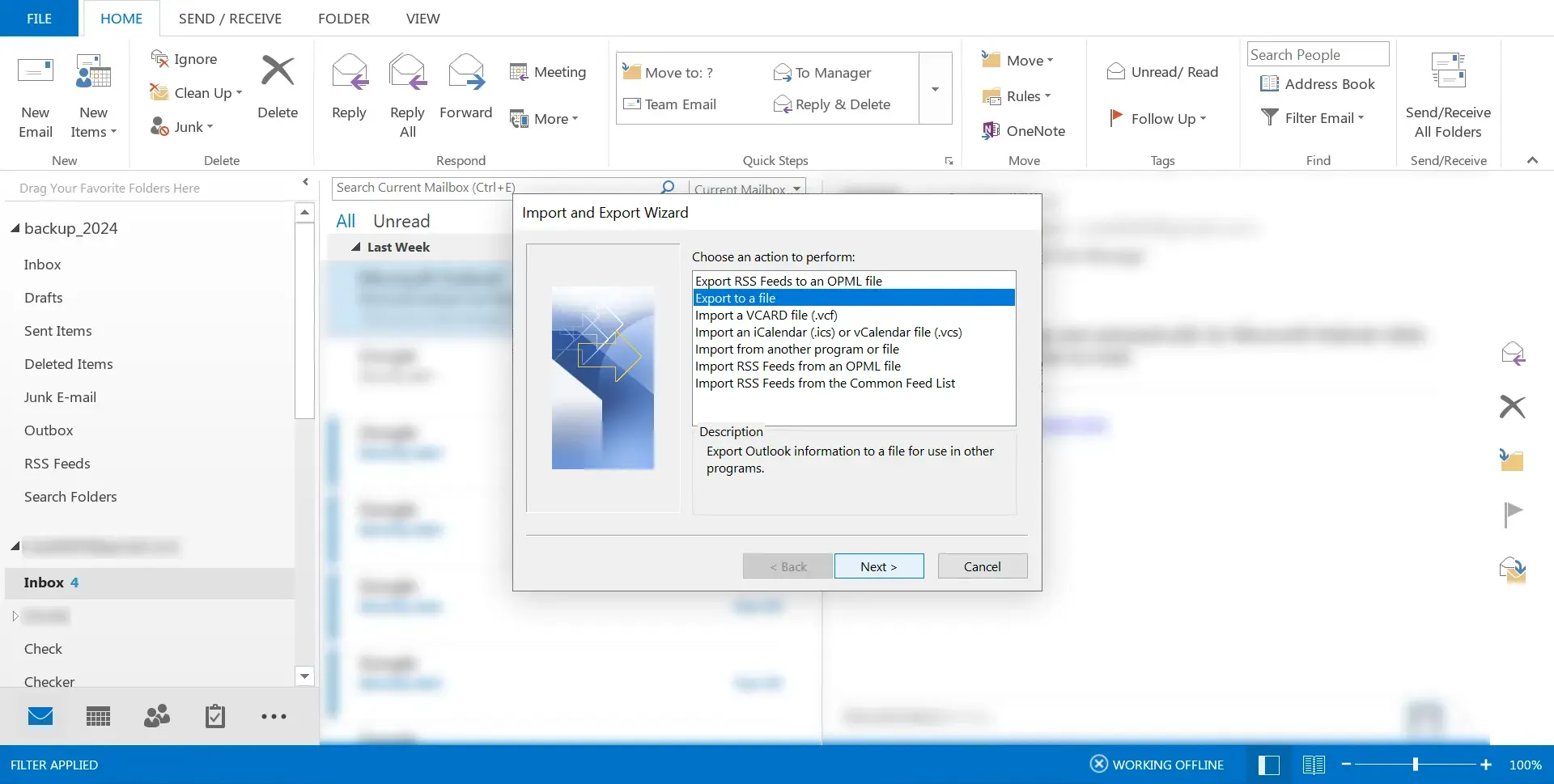 Selecting Export to a file in Outlook