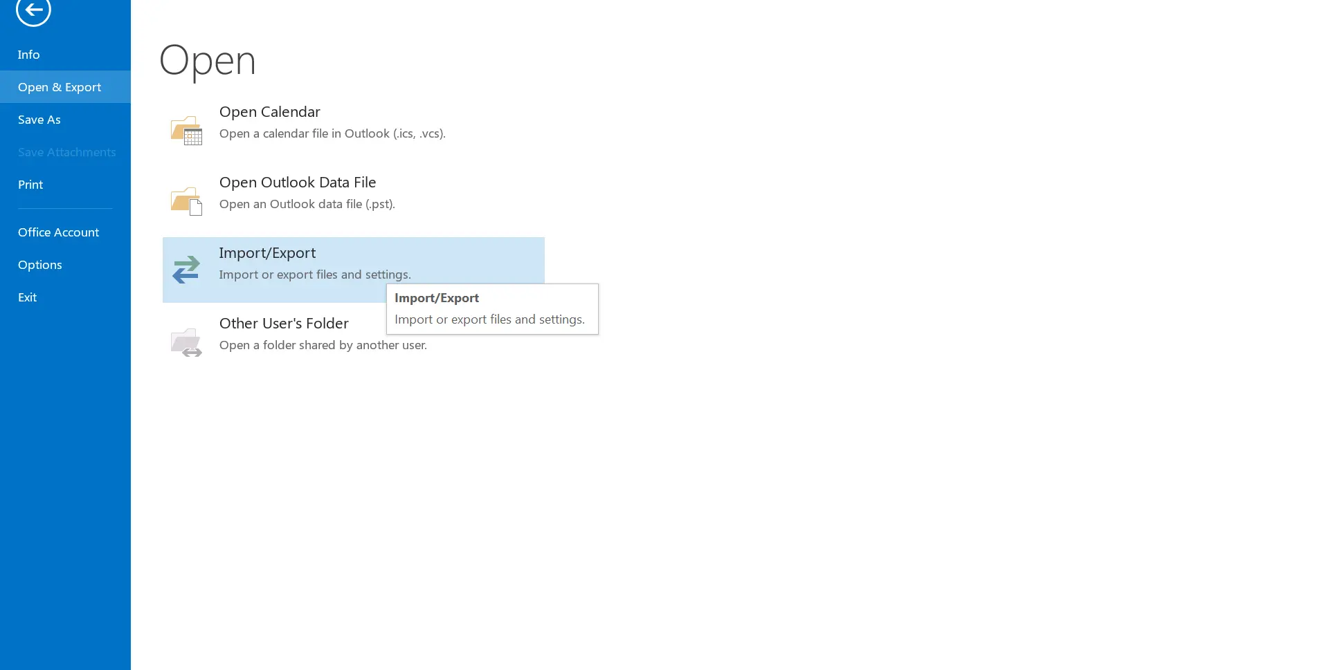 Accessing Outlook's Import & Export menu