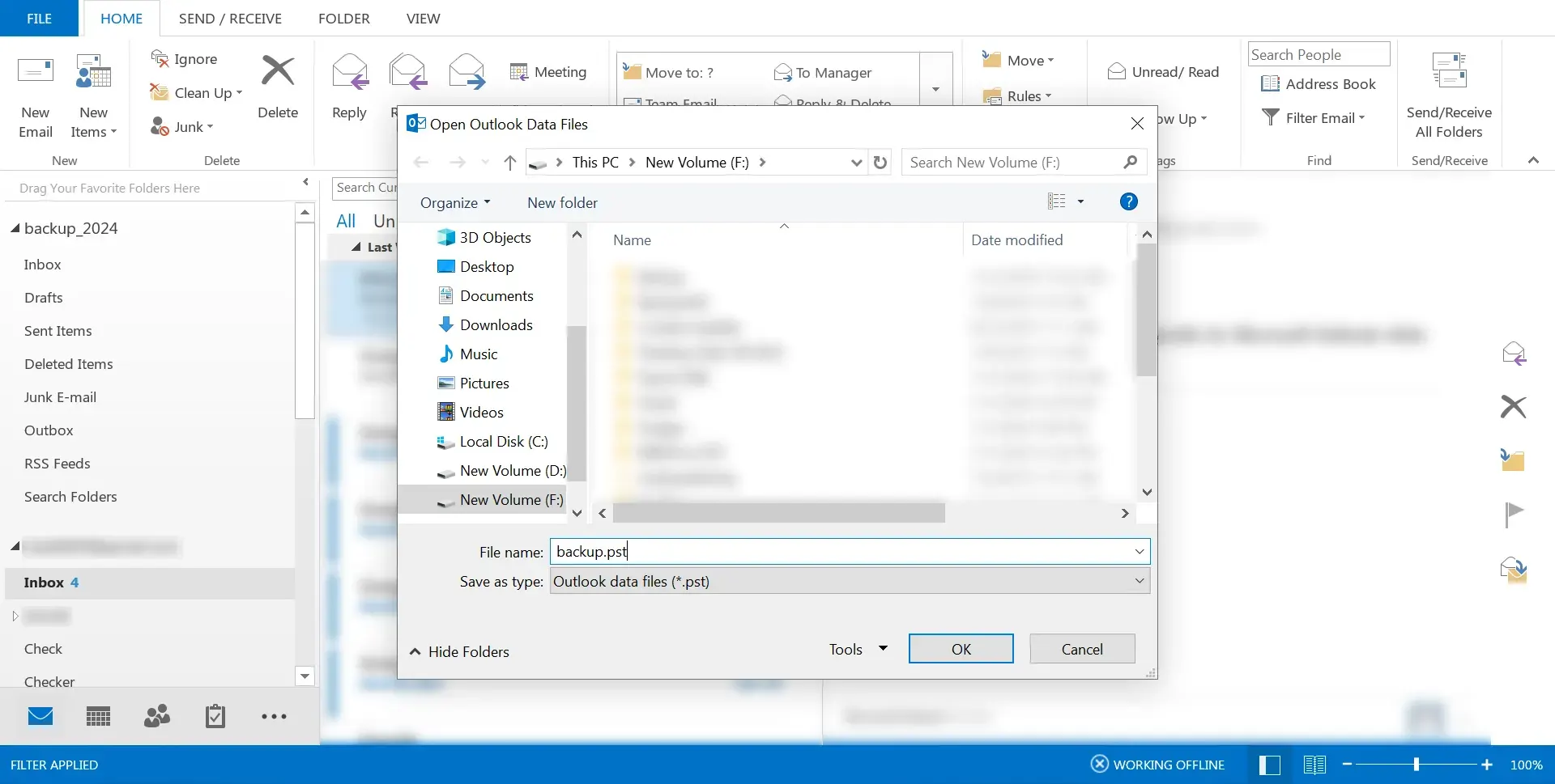 Setting save location for PST file