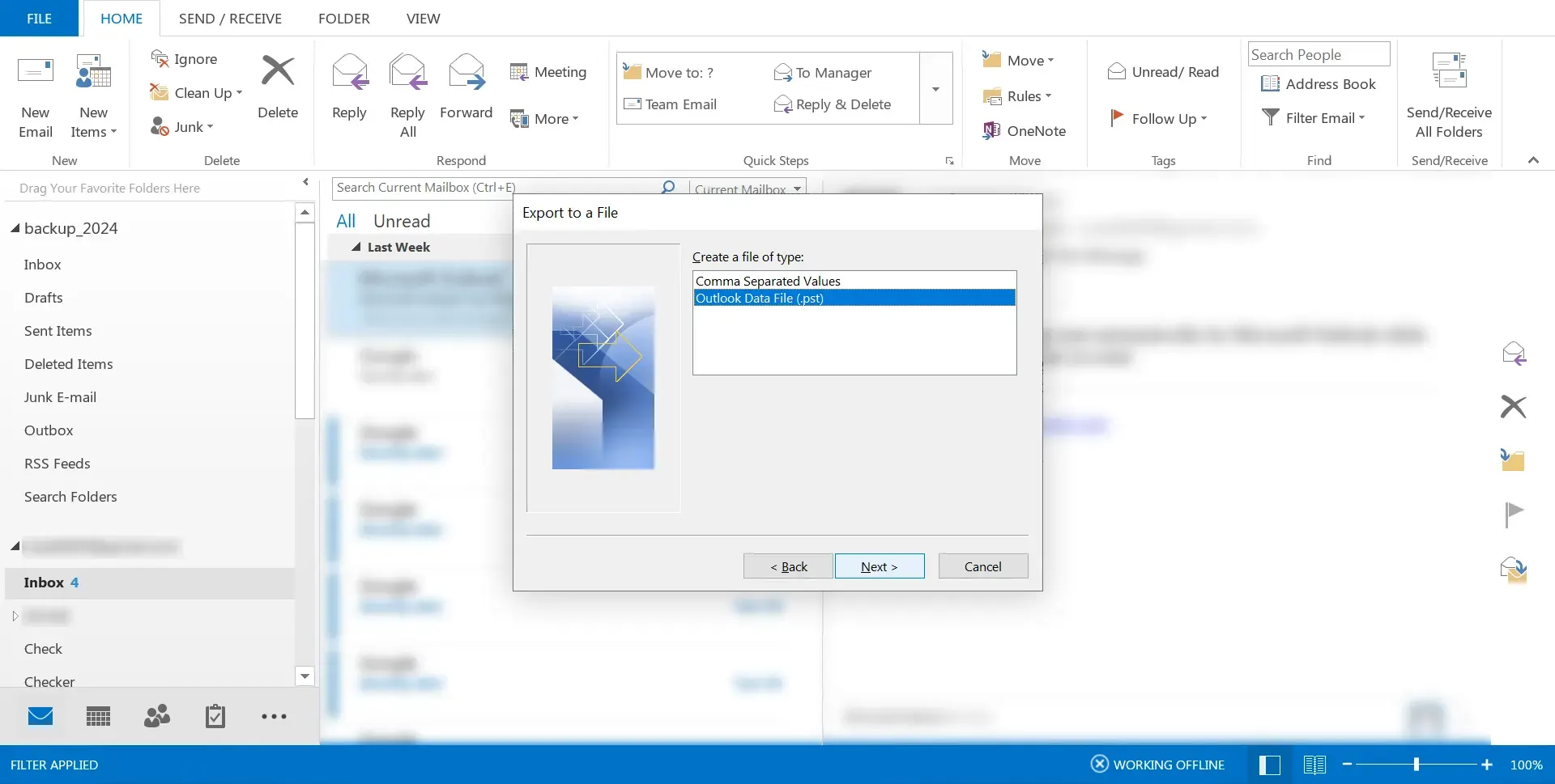 Choosing PST format in Export Wizard