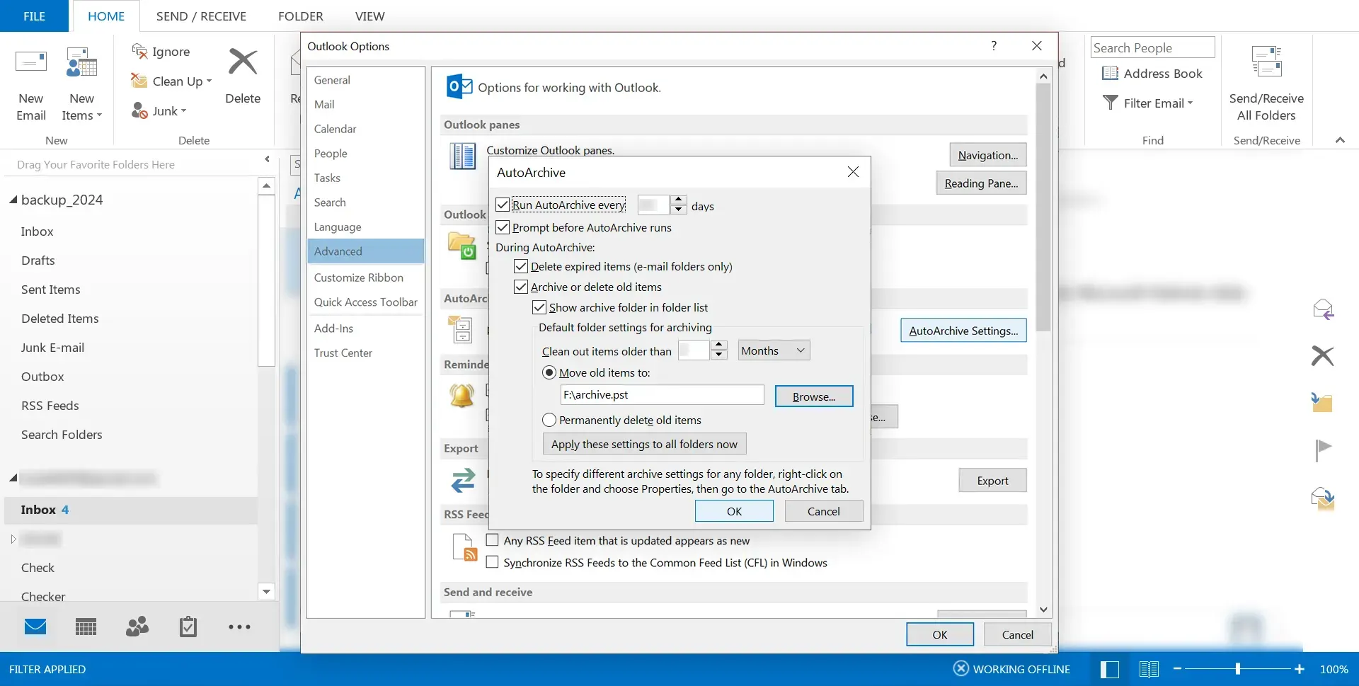Setting destination for PST file in Outlook Archive