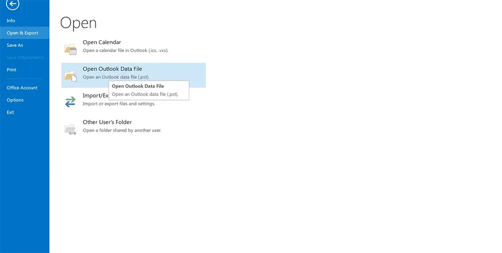 Choosing Open Outlook Data File option.