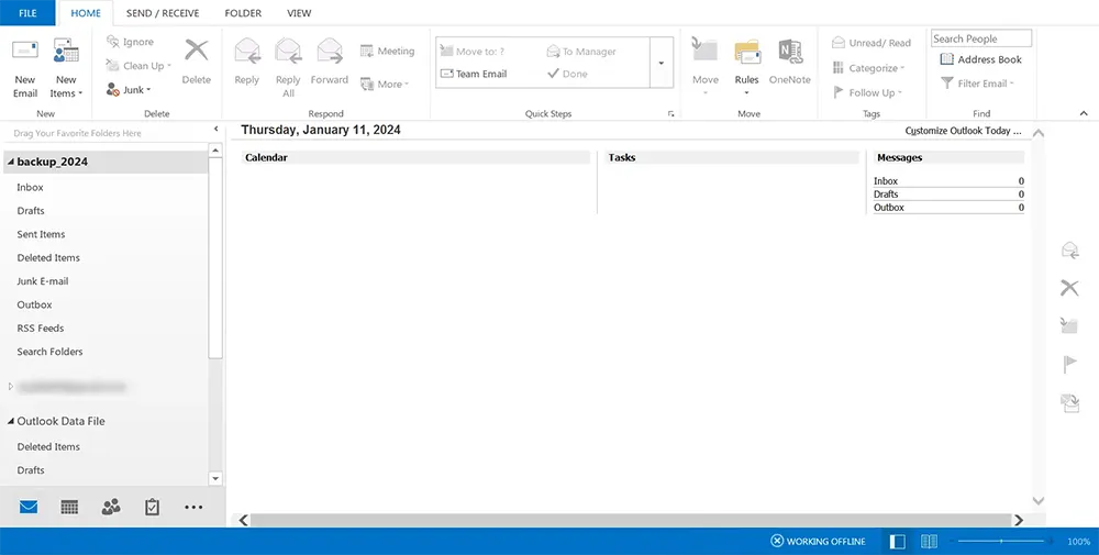 Locating new PST file in Outlook sidebar.