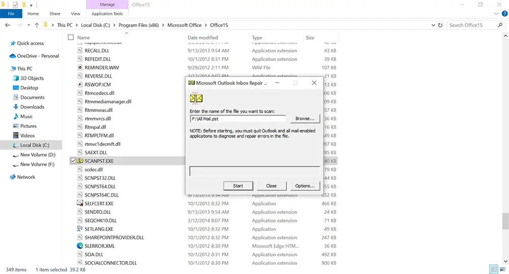 Browsing damaged PST file in SCANPST.EXE
