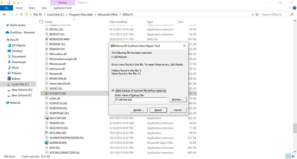 Making backup and repairing in SCANPST.EXE