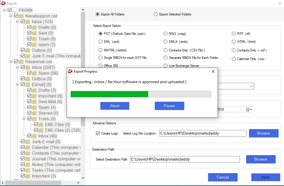 Export progress screen