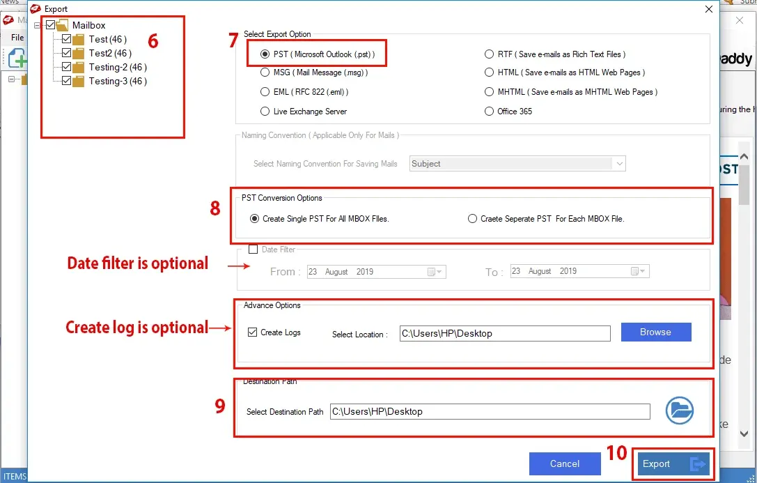 MBOX to Outlook conversion screen