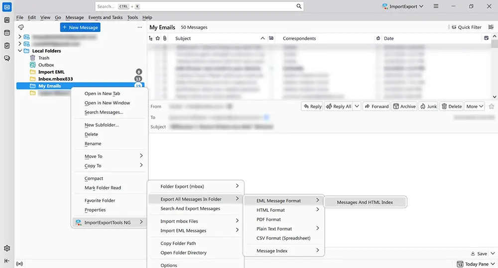 Exporting messages from Thunderbird folder.