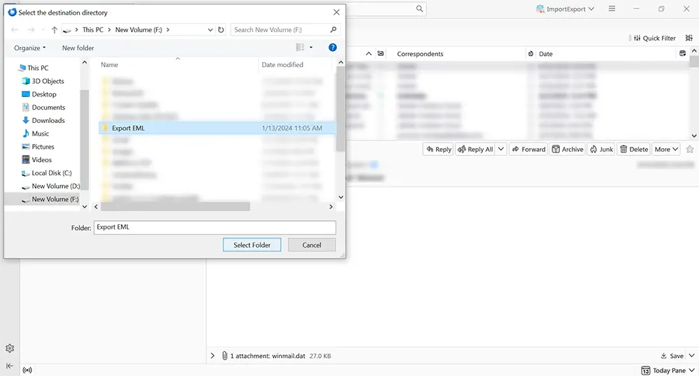 Selecting destination for EML files in Thunderbird.