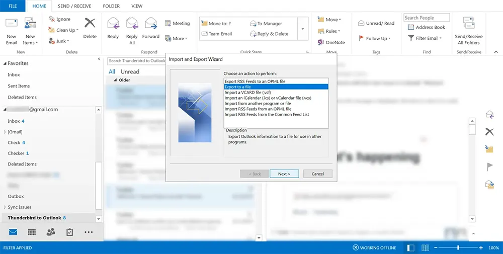 Choosing Export to a file in Outlook