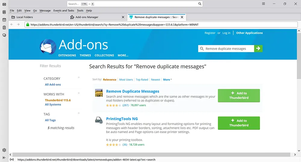 Adding duplicate message remover add-on in Thunderbird.