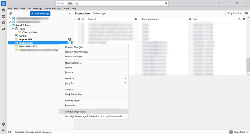 Choosing Remove Duplicates in Thunderbird.
